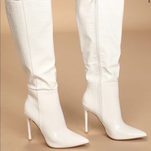 White crocodile embossed knee high boots